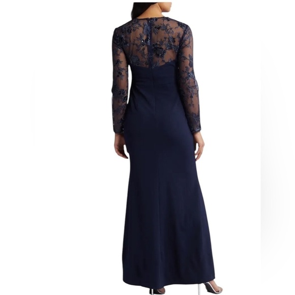 NEW ELIZA J Sequin Embroidered Long Illusion Sleeve Gown in Navy Blue Size 8 - Picture 2 of 10